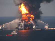 Platform supply vessels battle the fire that was consuming remnants of the Deepwater Horizon oilrig in April 2010