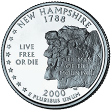The reverse side of the U.S. quarter dollar coin issued in 2000, honoring the state of New Hampsire