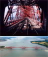 Bottom: Aerial view of the Forth Bridge, Edinburgh, Scotland. Top: Inside the Forth Rail Bridge, from a ScotRail 158 on August 22, 1999.