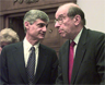 U.S. Secretary of the Treasury Robert Rubin (left) with Federal Reserve Board Chairman Alan Greenspan