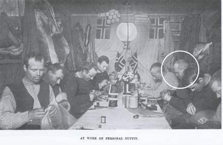 Amundsen's team working on personal kit during the winter before the trip South to the Pole