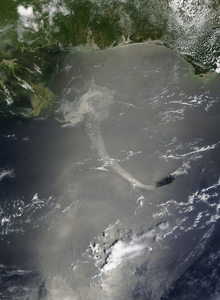 Deepwater Horizon oil spill imagined in true color on May 17, 2010, by the MODIS instrument aboard NASA's TERRA satellite