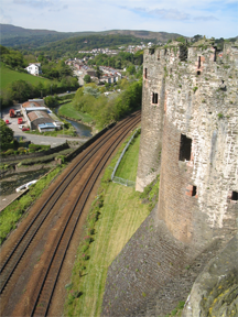 A section of the walls of Conwy Castle showing a battered plinth