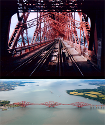Bottom: Aerial view of the Forth Bridge, Edinburgh, Scotland. Top: Inside the Forth Rail Bridge, from a ScotRail 158 on August 22, 1999.