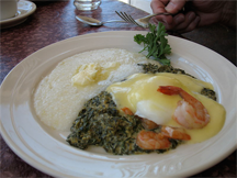 Eggs Sardou at Lucile's: poached eggs, creamed spinach, gulf shrimp, grits
