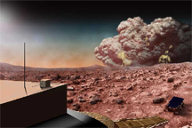 Artist's depiction of a dust storm on Mars with lightning