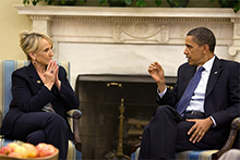 U.S. President Barack Obama and Arizona Governor Jan Brewer conferring in the Oval Office in 2010