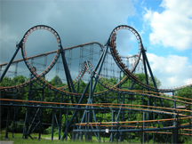 A modern roller coaster showing an inverted portion of the trip