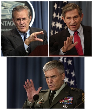 Gen. George Casey, Dep. Sec. Paul Wolfowitz, and Sec. Donald Rumsfeld