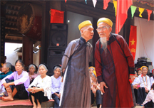 Two men whispering at a village festival